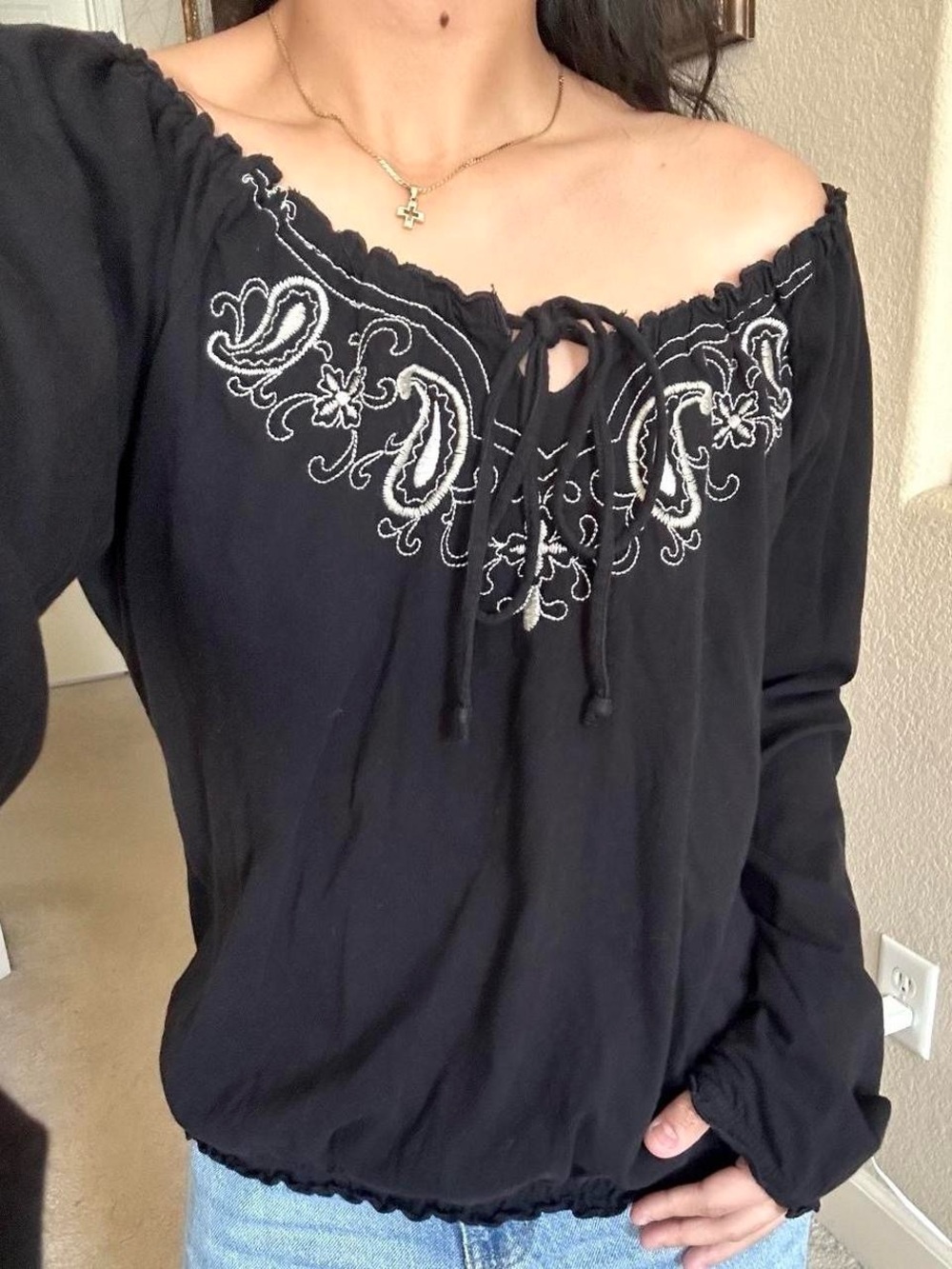 Black Off-Shoulder Embroidered Women's Top